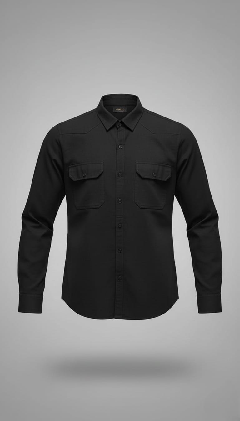 Men’s Solid Black Double Pocket Long-Sleeve Shirt