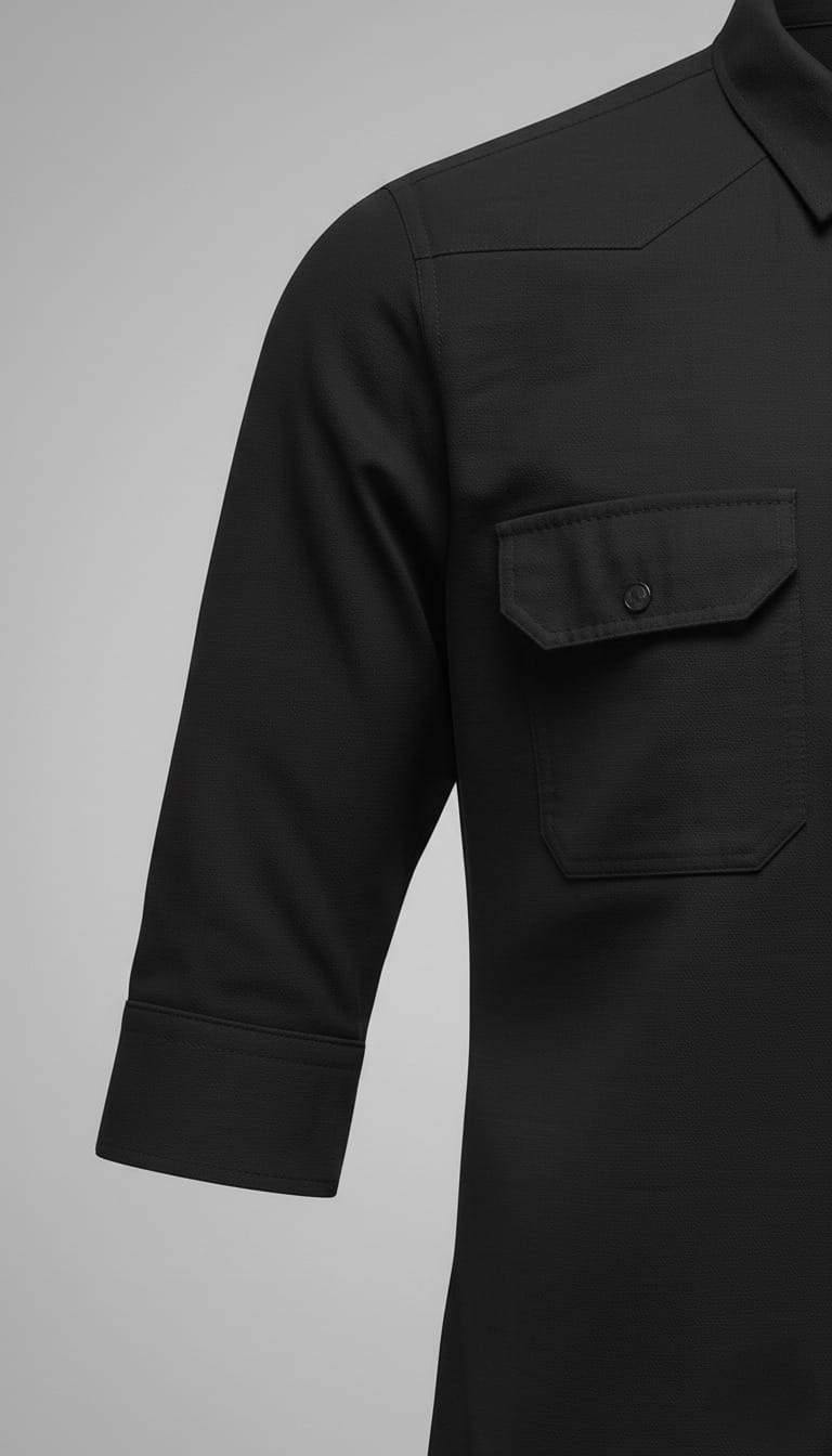 Men’s Solid Black Double Pocket Long-Sleeve Shirt