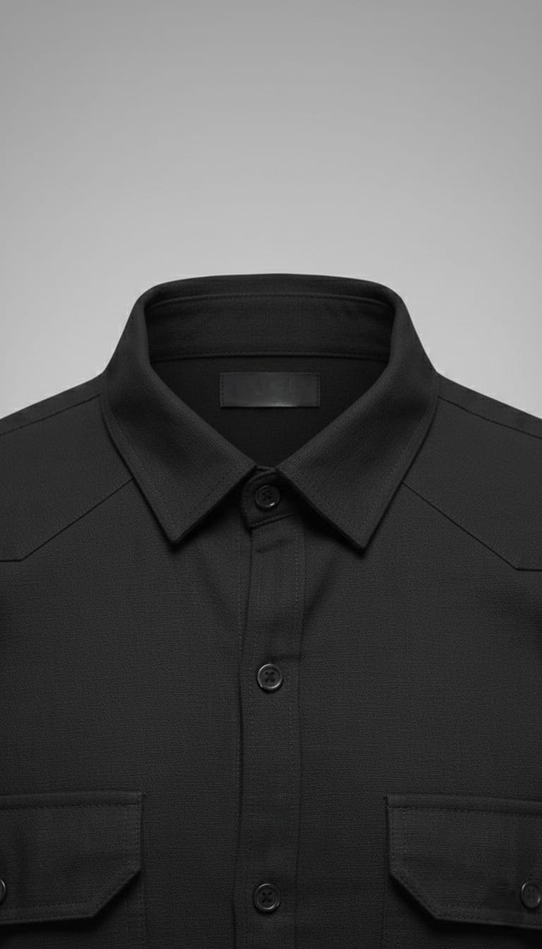 Men’s Solid Black Double Pocket Long-Sleeve Shirt