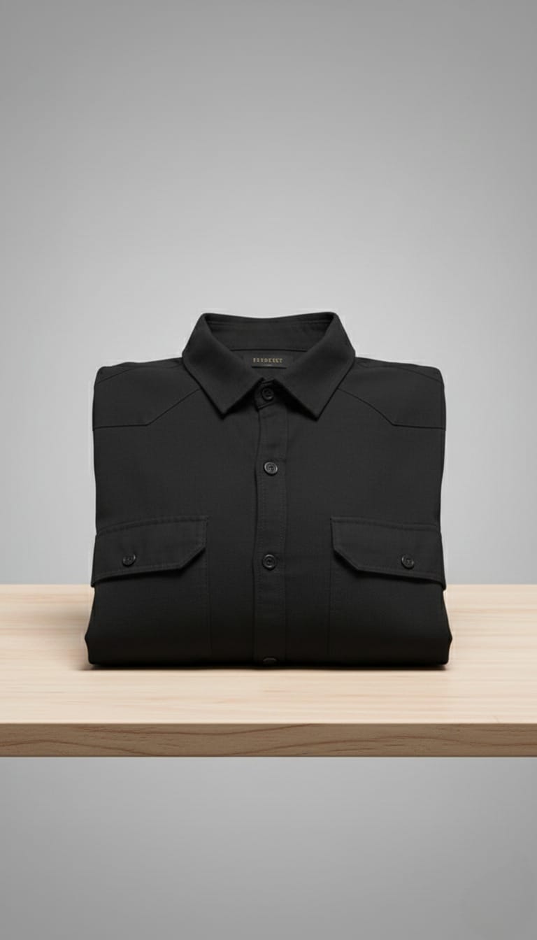Men’s Solid Black Double Pocket Long-Sleeve Shirt