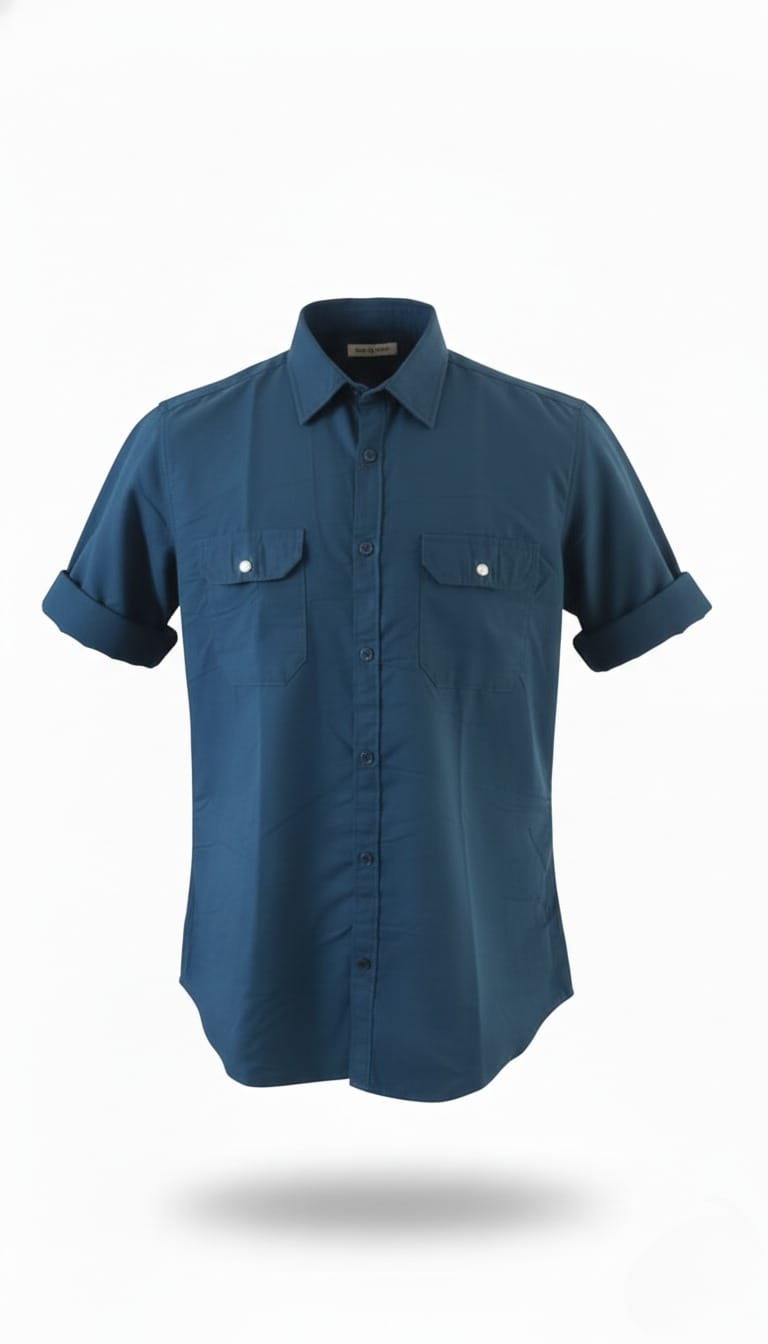 Men’s Solid Blue Double Pocket Long-Sleeve Shirt