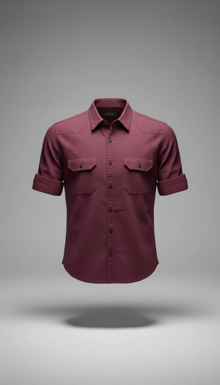 Men’s Solid Burgundy Maroon Double Pocket Long-Sleeve Shirt