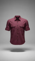 Men’s Solid Burgundy Maroon Double Pocket Long-Sleeve Shirt