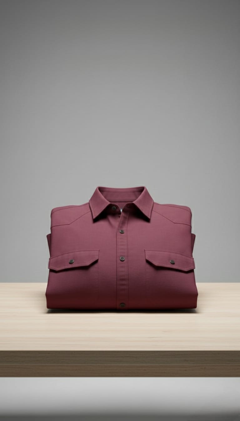 Men’s Solid Burgundy Maroon Double Pocket Long-Sleeve Shirt