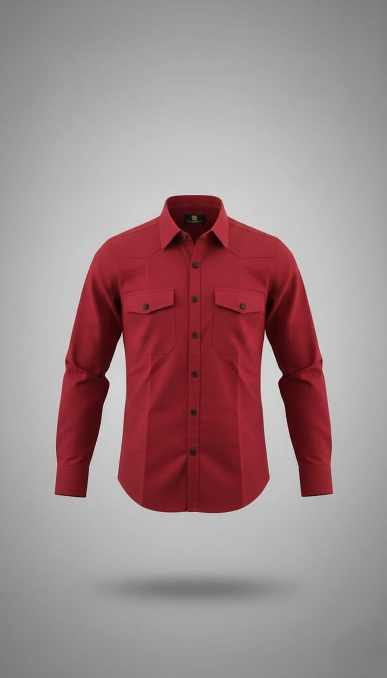 Men’s Solid Red Double Pocket Long-Sleeve Shirt