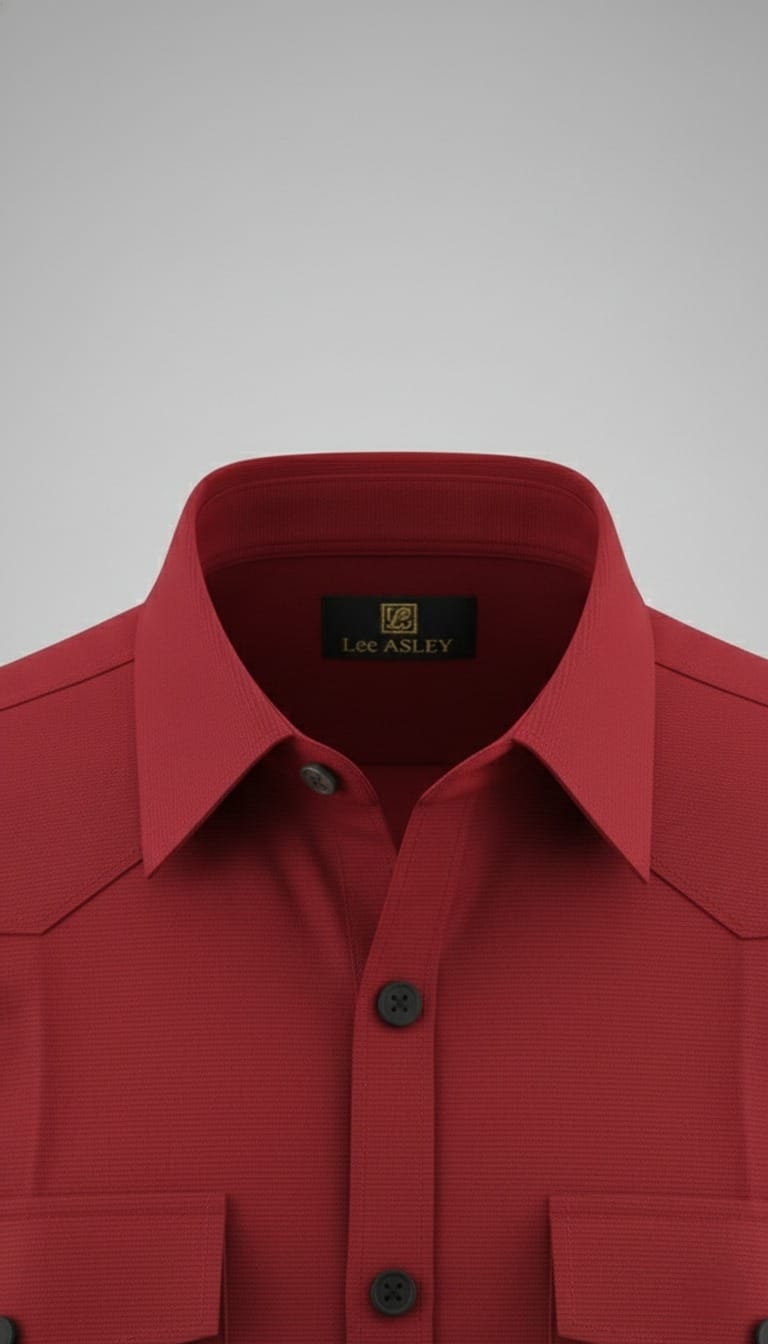 Men’s Solid Red Double Pocket Long-Sleeve Shirt