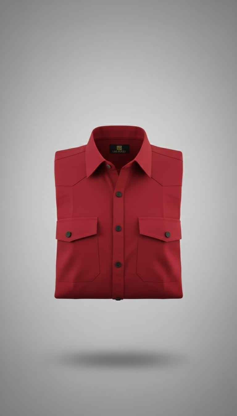 Men’s Solid Red Double Pocket Long-Sleeve Shirt