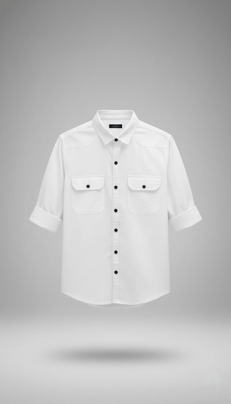 Men’s Solid White Double Pocket Long-Sleeve Shirt