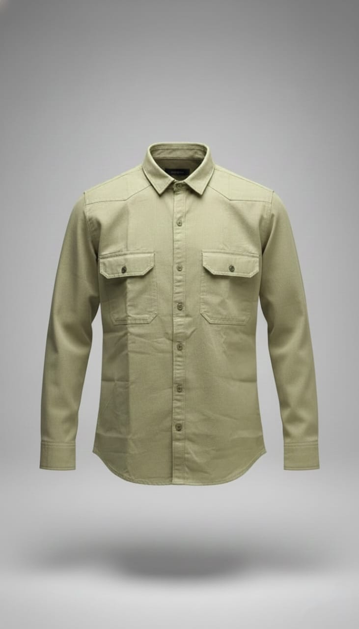 Men’s Solid  Sand Beige Double Pocket Long-Sleeve Shirt