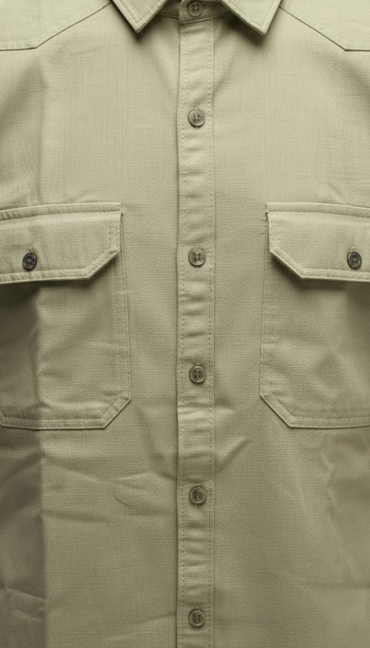 Men’s Solid  Sand Beige Double Pocket Long-Sleeve Shirt