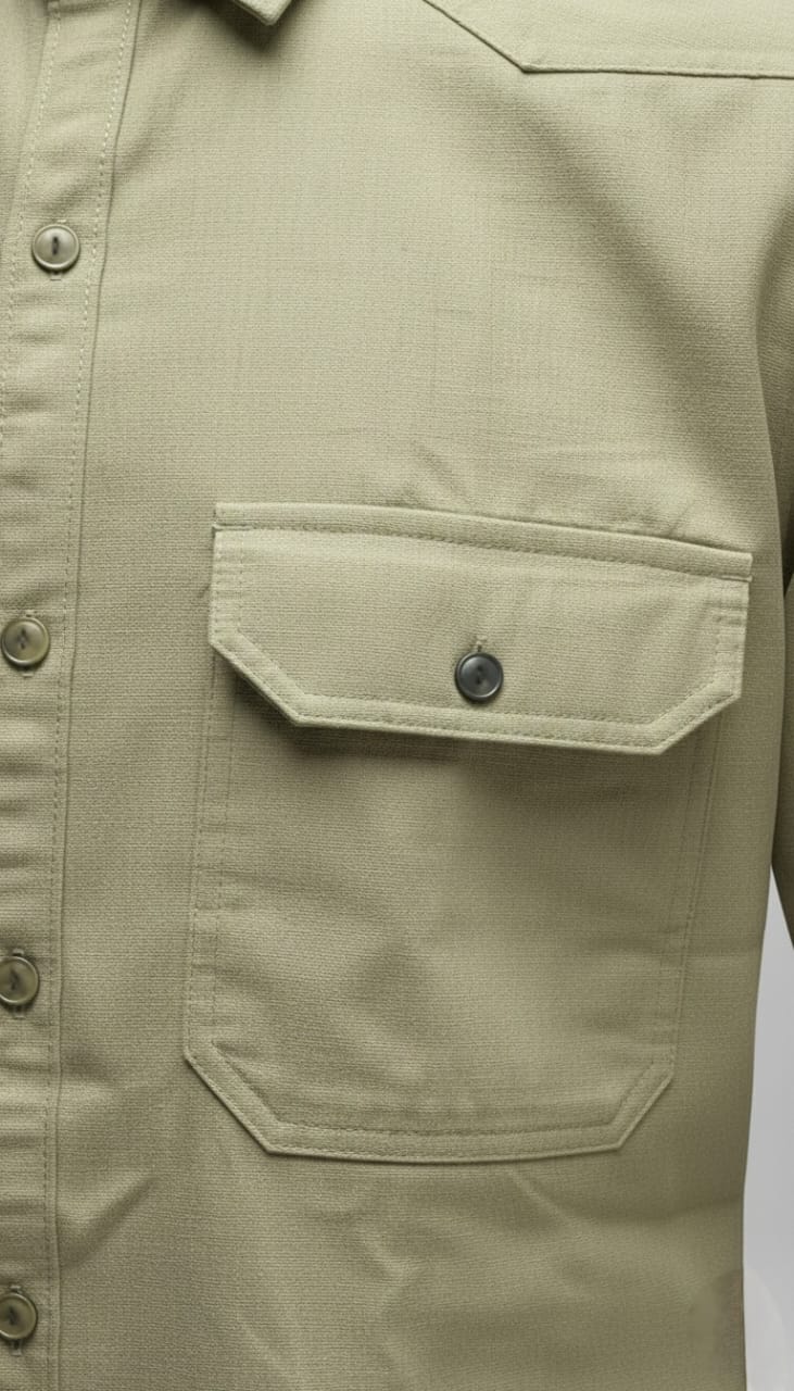 Men’s Solid  Sand Beige Double Pocket Long-Sleeve Shirt