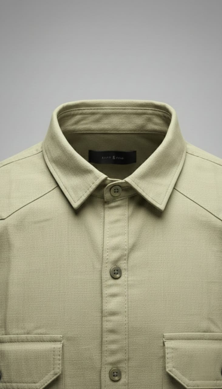 Men’s Solid  Sand Beige Double Pocket Long-Sleeve Shirt