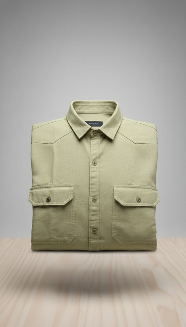Men’s Solid  Sand Beige Double Pocket Long-Sleeve Shirt